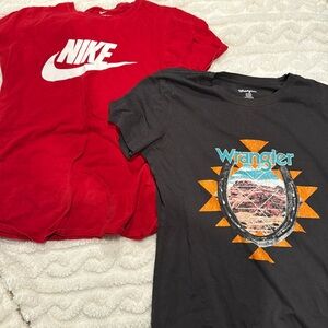 Two medium shirts, one red Nike, the other grey wrangler